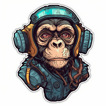 monkey head 2d cartoon logo listening to music in headphones created with Generative Ai technology
