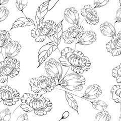 Seamless floral pattern. Decorative peonies, leaves and buds of hand drawing. For printing on fabric, paper, for scrapbooking, cards, background, etc. Vector for editing