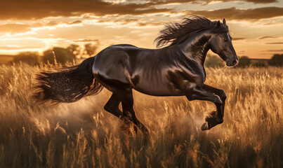 Fototapeta na wymiar photo of Morgan stallion running in tall grass at sunset. Generative AI