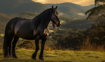 Obraz na płótnie Canvas Photo of Morgan stallion, proudly standing on a lush meadow with rolling hills in the background. The stallion's glistening coat and powerful muscles are captured in exquisite detail. Generative AI