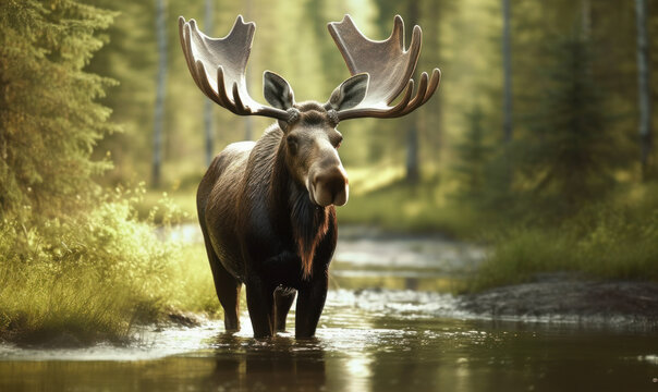 photo of moose standing in a forest river. Generative AI