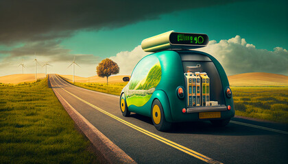 Atomausstieg symbolisch grüne Gegend mit Elektroauto auf einer Straße erneuerbare Energie, grüne Energie für den Klimawandel, Generative AI 