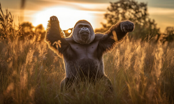 photo of gorilla in tall grass at sunset. Generative AI