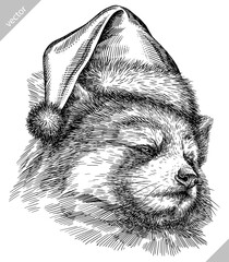 Vintage engraving isolated red panda set dressed christmas illustration ink santa costume sketch. Chinese bear background animal silhouette new year hat art. Black and white hand drawn vector image.