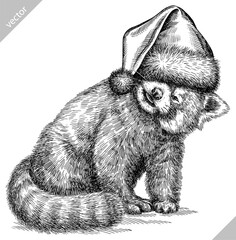 Vintage engraving isolated red panda set dressed christmas illustration ink santa costume sketch. Chinese bear background animal silhouette new year hat art. Black and white hand drawn vector image.
