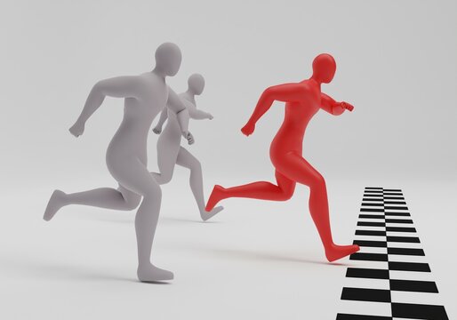 3d illustration of winning male racer crossing the finish line ribbon. Race, sport, competition, victory concept. 3d rendering of a stickman character