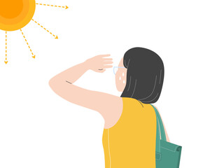 A girl with heatstroke. Having sunstroke in summer hot weather, holding hand on head. Flat vector illustration.