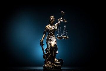 No law or dictatorship concept. The Statue of Justice with anti-riot police helmet holding scale....