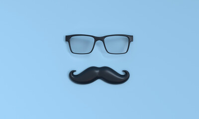 Happy Fathers Day, mustache and glasses on blue background.