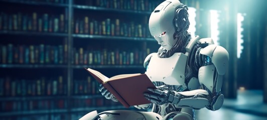 Future technological development knowledge background - Human robot sits in the library and read books (Generative Ai) - obrazy, fototapety, plakaty