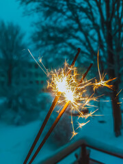 Firework flare on the winter nature background. 
