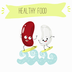 Illustration with funny characters of red and white beans. Funny and healthy food. Vitamins, cute face food, ingredients, vegetarian, vector cartoons, farming, raw materials.
