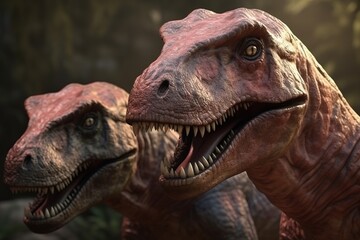 Amazing and photorealistic dinosaurs. Jurassic period. Gigantic reptile. Close up view. Beautiful and scary dinosaurus. Dangerous dino. Generative AI.
