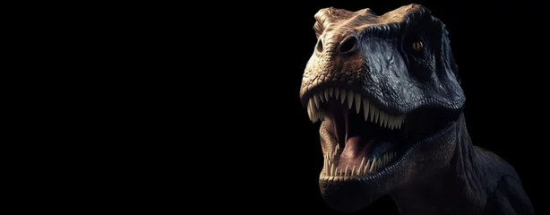 Fototapeten Amazing and photorealistic dinosaur. Jurassic period. Gigantic reptile. Close up view. Beautiful and scary dinosaurus. Black banner with copy space for text. Dangerous dino. Generative AI. © Kassiopeia 
