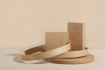 Minimalist wooden scene. Abstract minimal empty stage with rectangle podiums on beige background. Mockups display for product presentation.	