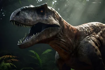Foto op Plexiglas Dinosaurus Amazing and photorealistic dinosaur. Jurassic period. Gigantic reptile. Close up view. Beautiful and scary dinosaurus. Dangerous dino. Generative AI.