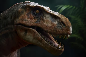 Foto auf Acrylglas Amazing and photorealistic dinosaur. Jurassic period. Gigantic reptile. Close up view. Beautiful and scary dinosaurus. Dangerous dino. Generative AI. © Kassiopeia 