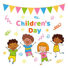 Children's Day holiday banner with happy kids jumping doodle style. Multicultural Characters boys and girls. Scribble elements decoration. International day children June 1. Vector illustration