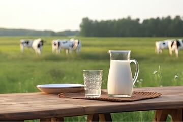 Refreshing Dairy Delight. Fresh Milk in a Jug and glass on a Wooden Table