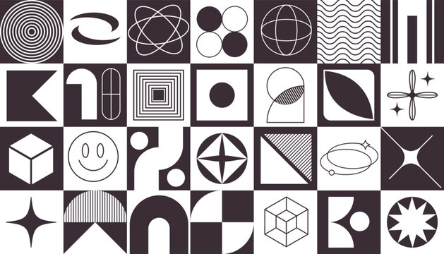 Monochrome color Brutalist style geometric shapes pattern Background.  Swiss Bauhaus y2k. Minimalist modern abstract primitive figures and lines design banner. Flat unicolorous vector illustration