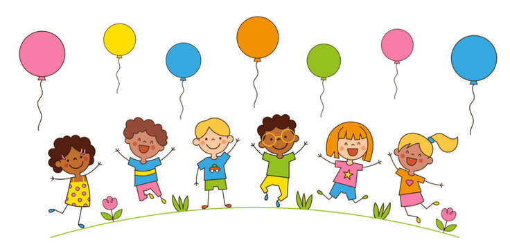 Happy cartoon children with colored hot balloons in doodle style. Funny characters Boys and Girls outdoors fun. Holidays, vacations, weekends. Vector illustration