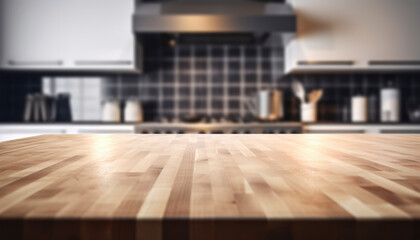 Empty beautiful wood table top counter and blur bokeh modern kitchen interior background in clean and bright, Banner, Ready for product montage