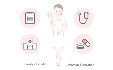 美容・エステサロンのカウンセリングするエステティシャン女性の人物全身イラストとアイコン素材セット_フェミニン手描き風ベクター_ピンク系