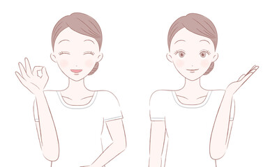 OKリアクション・案内をするエステティシャンのイラスト_清楚な女性のベクター手書き風人物素材_エステサロン・脱毛サロン