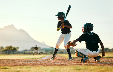 Baseball, sports and players on a field for a game, training and competition. Team challenge, waiting and boys on a pitch for professional sport, practicing and batting in a league for action - obrazy, fototapety, plakaty