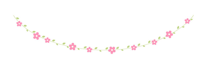 Hanging vines with pink flowers garland vector illustration. Simple minimal floral botanical design elements for spring.