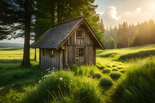 A sunlit meadow with a charming wooden cottage nestled amidst the lush greenery