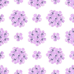 Fototapeta na wymiar Purple abstract hydrangea blossom seamless pattern. Hand drawn watercolor isolated on white background. Gift-wrapping, banner, textile, fabric, wallpaper.