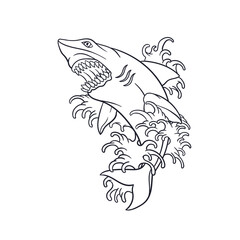 Hand drawn illustration of a shark and ocean waves outline