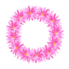 Hand drawn watercolor pink daisy flower wreath. Isolated on white background. Scrapbook, post card, banner, lable.