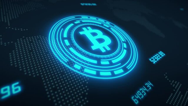 Video animation of bitcoin logo in blue with HUD on dark background - digital currency - cryptocurrency