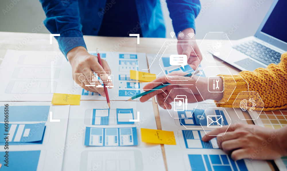 Wall mural ￼.ux graphic designer planning application process development prototype wireframe for web smart pho