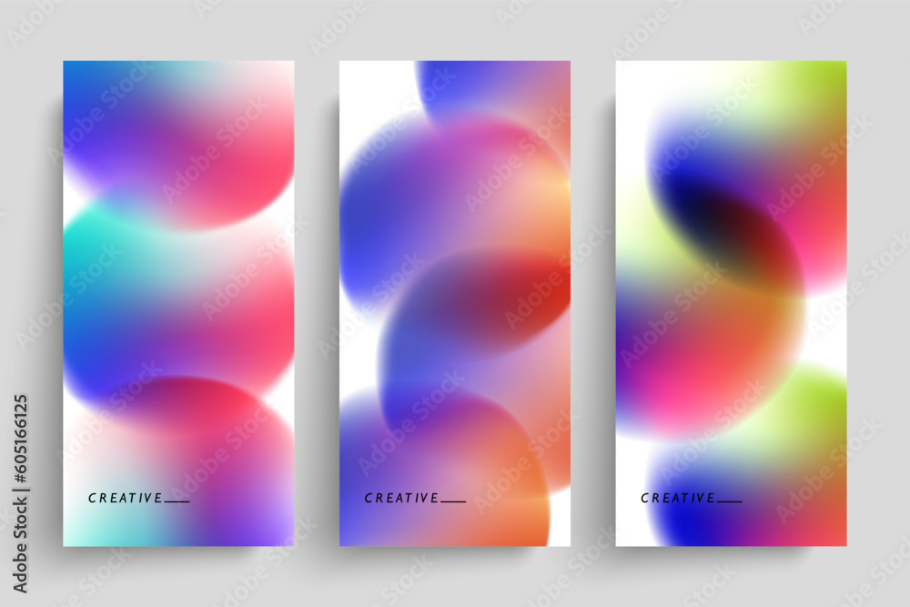 Poster Blurred circles. Set of abstract backgrounds with vibrant gradient defocused round shapes for creative graphic design. Vector illustration.