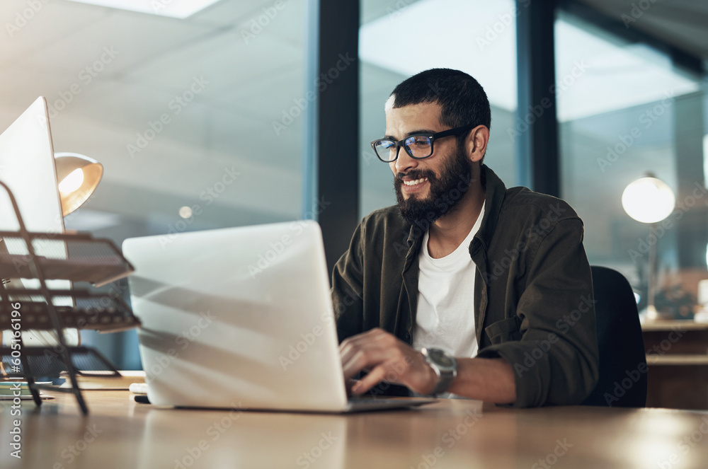 Aufkleber Smile, work and a businessman with a laptop for an email, communication or online coding. Happy, programming and a male programmer typing on a computer for web or software development in an office