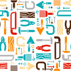 Tools set pattern seamless. Tool background. saw and brush, hammers, pliers. Trowel and clamp.