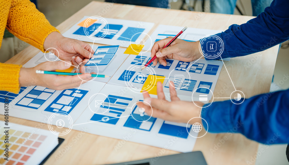 Wall mural ￼.ux graphic designer planning application process development prototype wireframe for web smart pho
