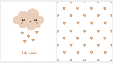 Cute Vector Prints. Sweet Smiling Cloud with Dropping Hearts. Lovely Baby Shower Card. Gender Neutral. Seamless Vector Pattern with Rain of Hearts on a White Background. Baby Shower Party Invitation.