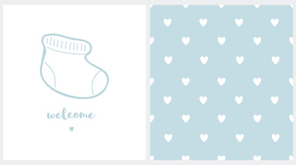 Set of Two Cute Vector Prints with Blue Woolen Baby Boot and Heart. Baby Shower Card. Seamless Vector Pattern with White Hearts on a Brown Background. Baby Boy Welcome Party Invitation, Decoration.