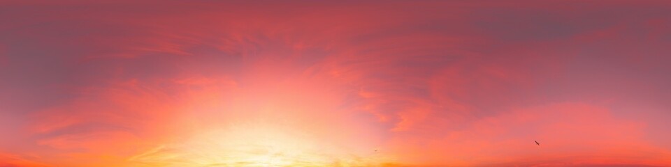Fototapeta premium Sunset sky panorama with bright glowing pink Cirrus clouds. HDR 360 seamless spherical panorama. Full zenith or sky dome for 3D visualization, sky replacement for aerial drone panoramas.