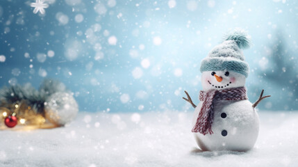 Christmas card with a happy snowman on the background of a blurred Christmas tree, balls, decorations. Snow winter background. Christmas card and holiday mood.Generative AI