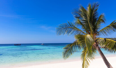 Banner view of summer tropical on the sandy beach and turquoise Tropical beach with blue sky background