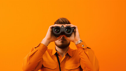 A man looking through binoculars on an orange background. Generative ai - obrazy, fototapety, plakaty