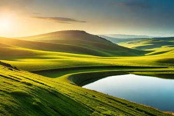 Obraz premium A peaceful serene meadow landscape at sunset, with vibrant wildflowers in full bloom - Generative AI Technology