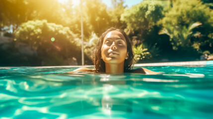Beautiful young woman relaxing in a pool in the summer sun. Fashion or glamour photography of a model, close up with shallow field of view. Illustrative Generative AI. Not a real person.