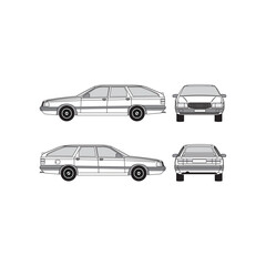 sedan car outline, year 1992, isolated white background, front, back and side view