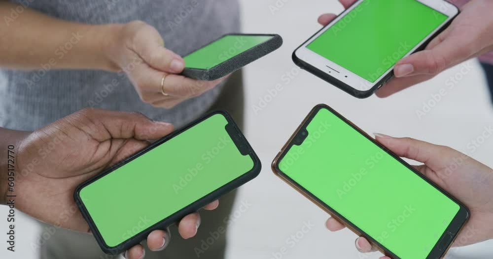 Poster Phone, information and green screen with people standing in a huddle to connect to a mobile network. Contact, teamwork and communication with hands closeup in a circle for data while cloud computing